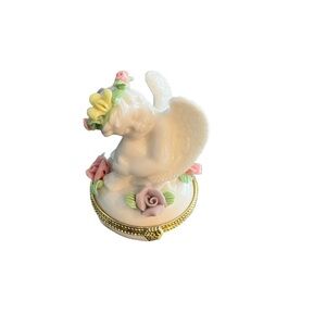 Vintage Sleeping Angel Porcelain Floral Trinket Box